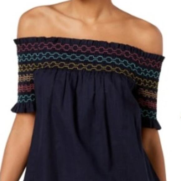Trina Turk Embroidered Off The Shoulder Smocked Blouse Cotton Indigo Small NWT - Picture 3 of 12